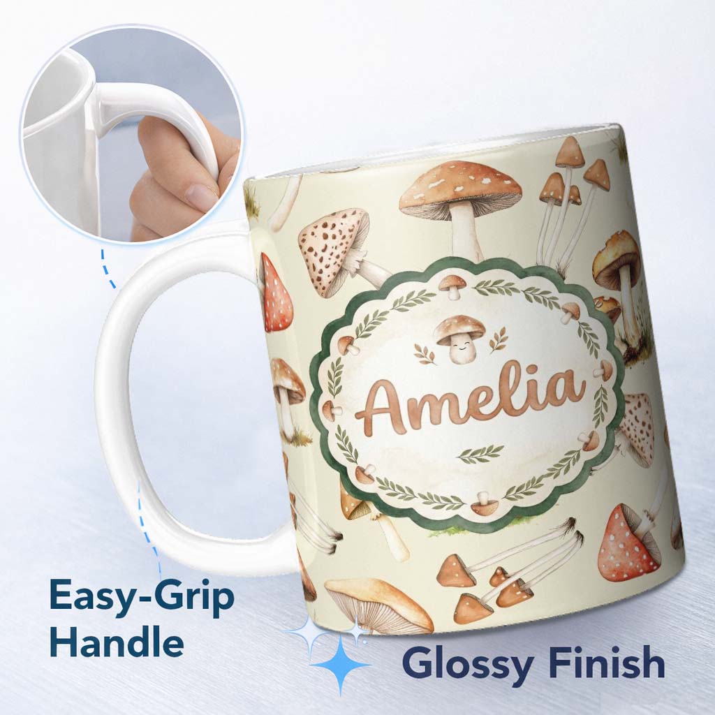 Personalized Custom Name Watercolor Forest Mushrooms Botanical Elements on Soft Beige 11oz Ceramic Coffee Tea Mug White Large Handle