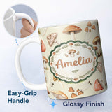 Personalized Custom Name Watercolor Forest Mushrooms Botanical Elements on Soft Beige 11oz Ceramic Coffee Tea Mug White Large Handle