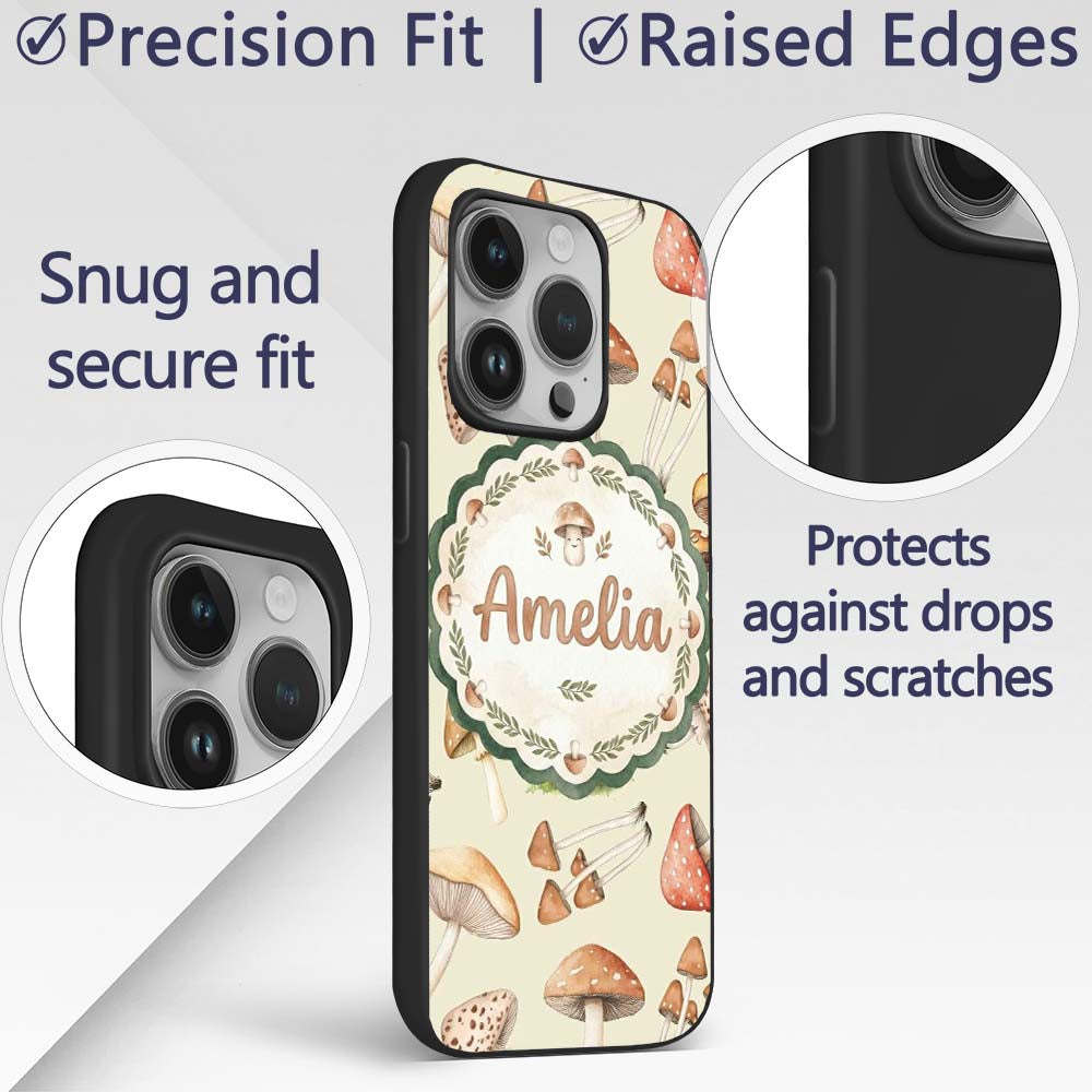 Watercolor Forest Mushrooms Botanical Elements on Custom Name Protective Phone Case Mobile Cover Durable Everyday Smartphone Shock Resistant