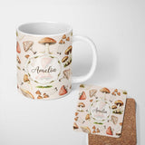 Personalized Custom Name Forest Mushrooms Botanical Elements on Neutral Cream Seamless 11oz Ceramic Coffee Tea Mug White Large Handle