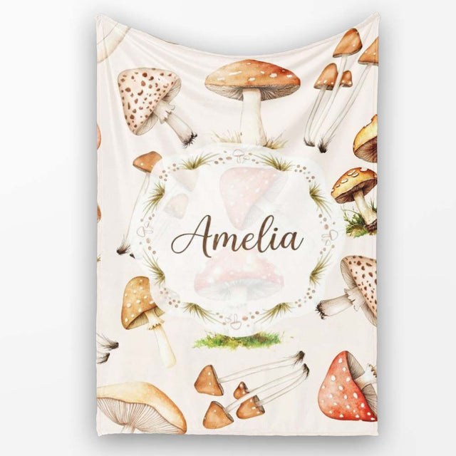 Forest Mushrooms Botanical Elements on Neutral Cream Seamless  Personalised Custom Name Super Soft Fleece Blanket Bed Sofa Throw