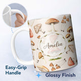 Personalized Custom Name Forest Mushrooms Botanical Elements on Neutral Cream Seamless 11oz Ceramic Coffee Tea Mug White Large Handle