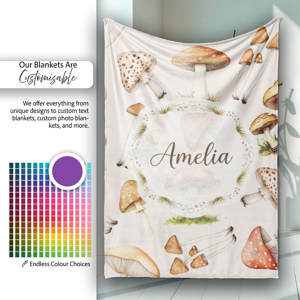 Forest Mushrooms Botanical Elements on Neutral Cream Seamless  Personalised Custom Name Super Soft Fleece Blanket Bed Sofa Throw