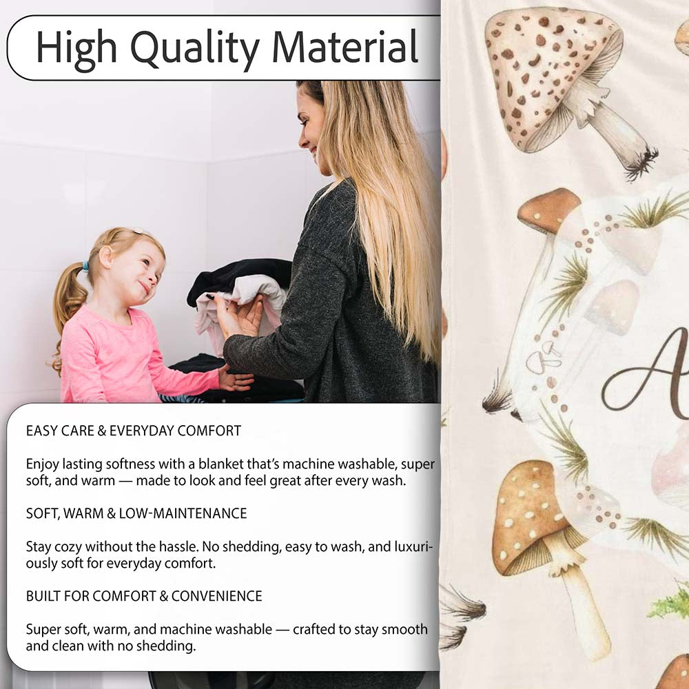 Forest Mushrooms Botanical Elements on Neutral Cream Seamless  Personalised Custom Name Super Soft Fleece Blanket Bed Sofa Throw