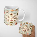 Personalized Custom Name Watercolor Forest Mushrooms Botanical Elements on Sage Green 11oz Ceramic Coffee Tea Mug White Large Handle