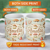 Personalized Custom Name Watercolor Forest Mushrooms Botanical Elements on Sage Green 11oz Ceramic Coffee Tea Mug White Large Handle
