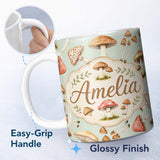 Personalized Custom Name Watercolor Forest Mushrooms Botanical Elements on Sage Green 11oz Ceramic Coffee Tea Mug White Large Handle