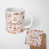 Personalized Custom Name Watercolor Forest Mushrooms Botanical Elements on Soft Lilac 11oz Ceramic Coffee Tea Mug White Large Handle