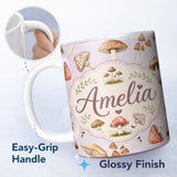 Personalized Custom Name Watercolor Forest Mushrooms Botanical Elements on Soft Lilac 11oz Ceramic Coffee Tea Mug White Large Handle