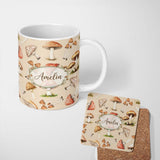 Personalized Custom Name Watercolor Forest Mushrooms Botanical Elements on Warm Beige 11oz Ceramic Coffee Tea Mug White Large Handle