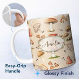 Personalized Custom Name Watercolor Forest Mushrooms Botanical Elements on Warm Beige 11oz Ceramic Coffee Tea Mug White Large Handle