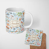 Personalized Custom Name Woodland Animals Rabbit Fox Butterfly Leaves on Soft Blue Seamless 11oz Ceramic Coffee Tea Mug White Large Handle
