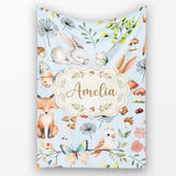 Woodland Animals Rabbit Fox Butterfly Leaves on Soft Blue Seamless  Personalised Custom Name Super Soft Fleece Blanket Bed Sofa Throw