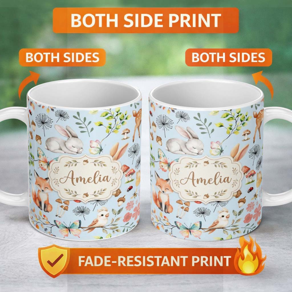 Personalized Custom Name Woodland Animals Rabbit Fox Butterfly Leaves on Soft Blue Seamless 11oz Ceramic Coffee Tea Mug White Large Handle