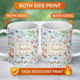 Personalized Custom Name Woodland Animals Rabbit Fox Butterfly Leaves on Soft Blue Seamless 11oz Ceramic Coffee Tea Mug White Large Handle