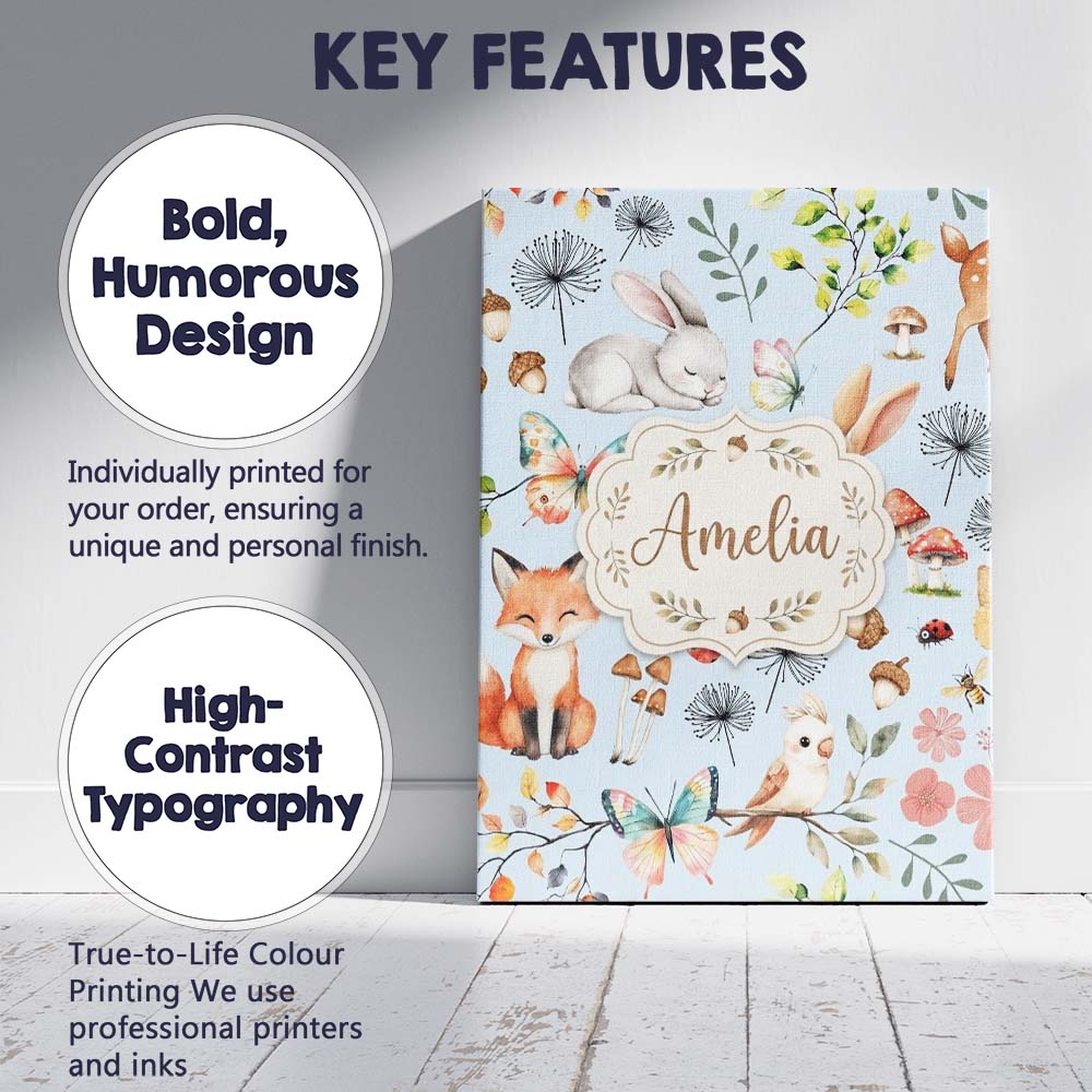 Personalised Name Woodland Animals Rabbit Custom  Unique Gift Idea Elegant Feature Canvas Wall Art Print Decor Picture Ready to Hang