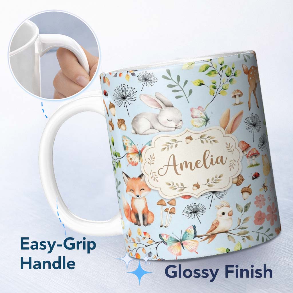 Personalized Custom Name Woodland Animals Rabbit Fox Butterfly Leaves on Soft Blue Seamless 11oz Ceramic Coffee Tea Mug White Large Handle
