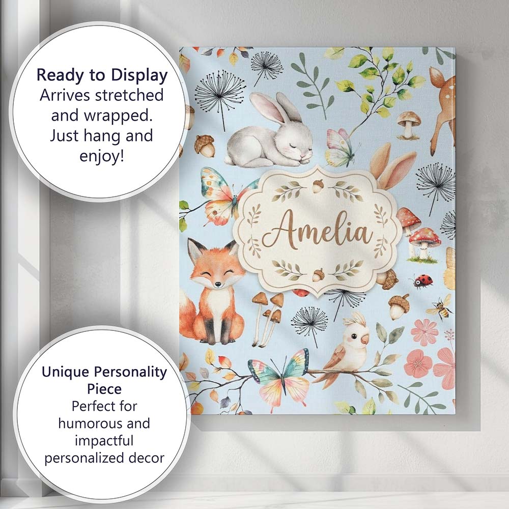 Personalised Name Woodland Animals Rabbit Custom  Unique Gift Idea Elegant Feature Canvas Wall Art Print Decor Picture Ready to Hang