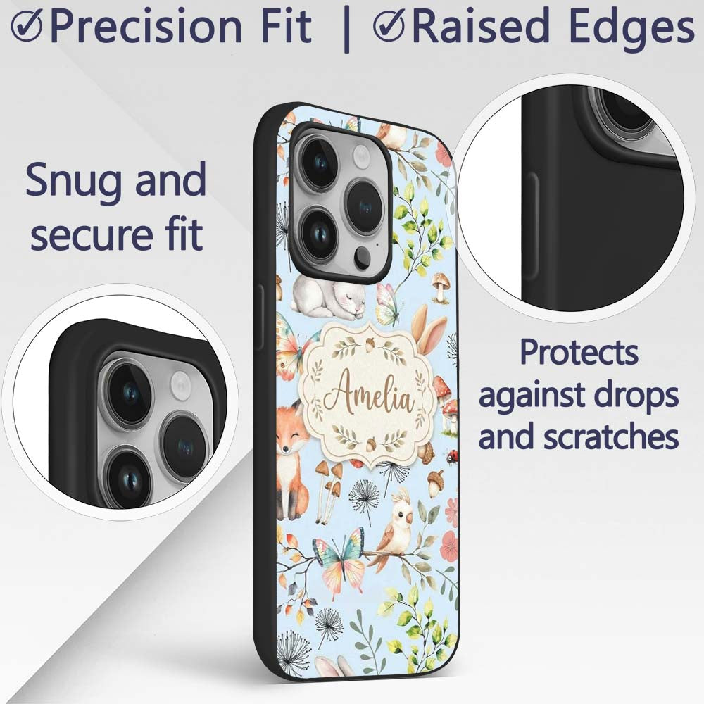Woodland Animals Rabbit Fox Butterfly Leaves on Custom Name Protective Phone Case Mobile Cover Durable Everyday Smartphone Shock Resistant