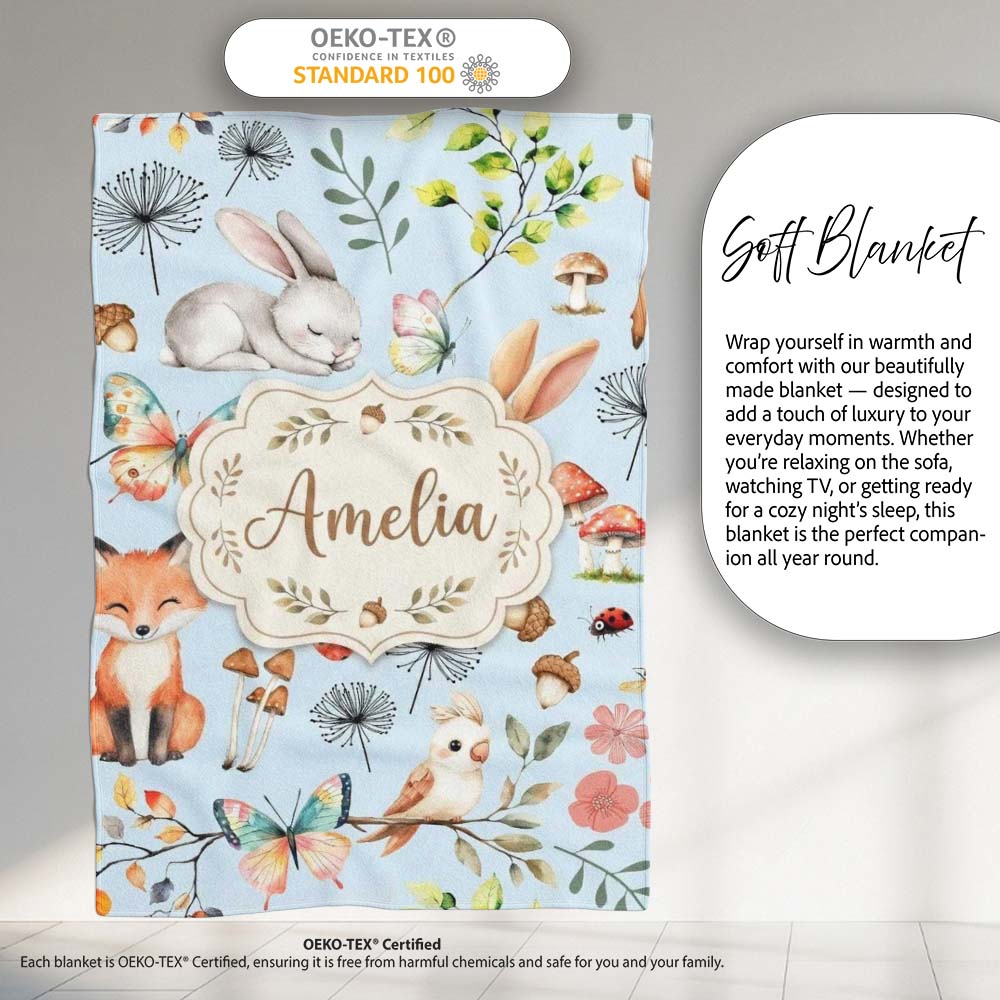 Woodland Animals Rabbit Fox Butterfly Leaves on Soft Blue Seamless  Personalised Custom Name Super Soft Fleece Blanket Bed Sofa Throw