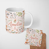Personalized Custom Name Woodland Animals Rabbit Fox Butterfly Leaves on Blush Pink Seamless 11oz Ceramic Coffee Tea Mug White Large Handle