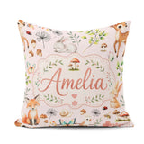 Custom Name Woodland Animals Rabbit Fox Butterfly Leaves on Pink Square Filled Cushion Throw Pillow Sofa Bed Home Decor Zip Washable UK Made