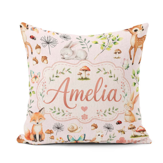 Custom Name Woodland Animals Rabbit Fox Butterfly Leaves on Pink Square Filled Cushion Throw Pillow Sofa Bed Home Decor Zip Washable UK Made