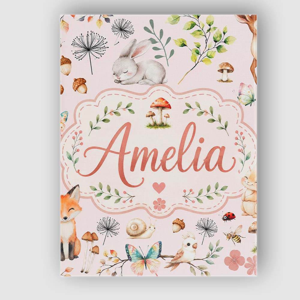 Personalised Name Woodland Animals Rabbit Custom  Unique Gift Idea Elegant Feature Canvas Wall Art Print Decor Picture Ready to Hang