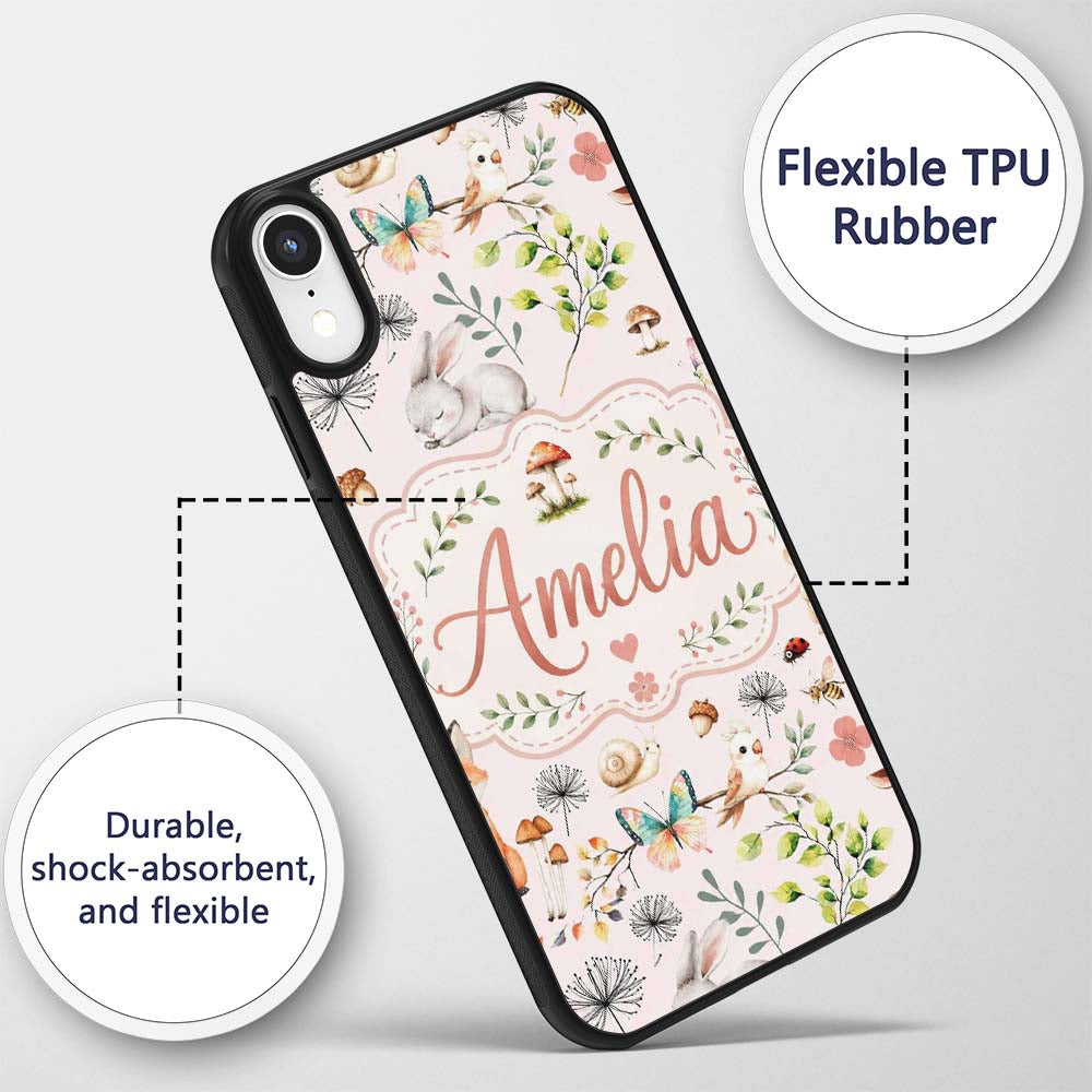 Woodland Animals Rabbit Fox Butterfly Leaves on Custom Name Protective Phone Case Mobile Cover Durable Everyday Smartphone Shock Resistant