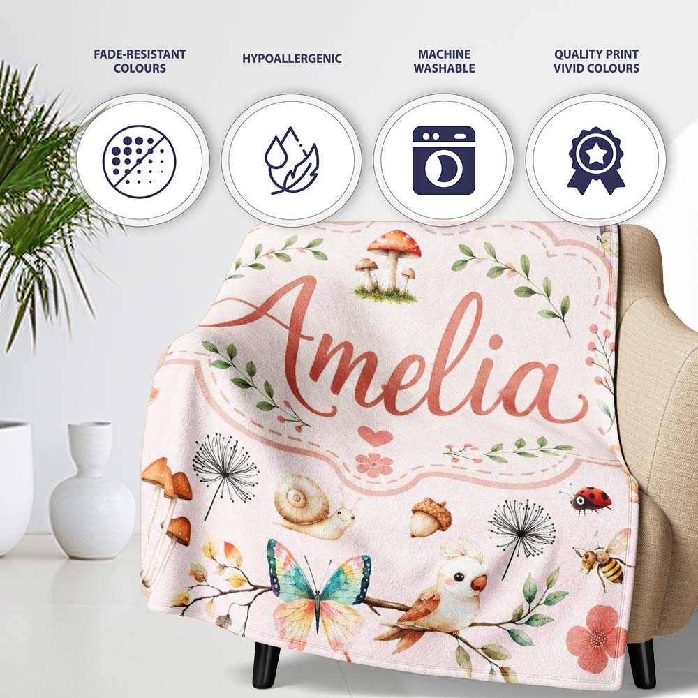 Woodland Animals Rabbit Fox Butterfly Leaves on Blush Pink Seamless  Personalised Custom Name Super Soft Fleece Blanket Bed Sofa Throw