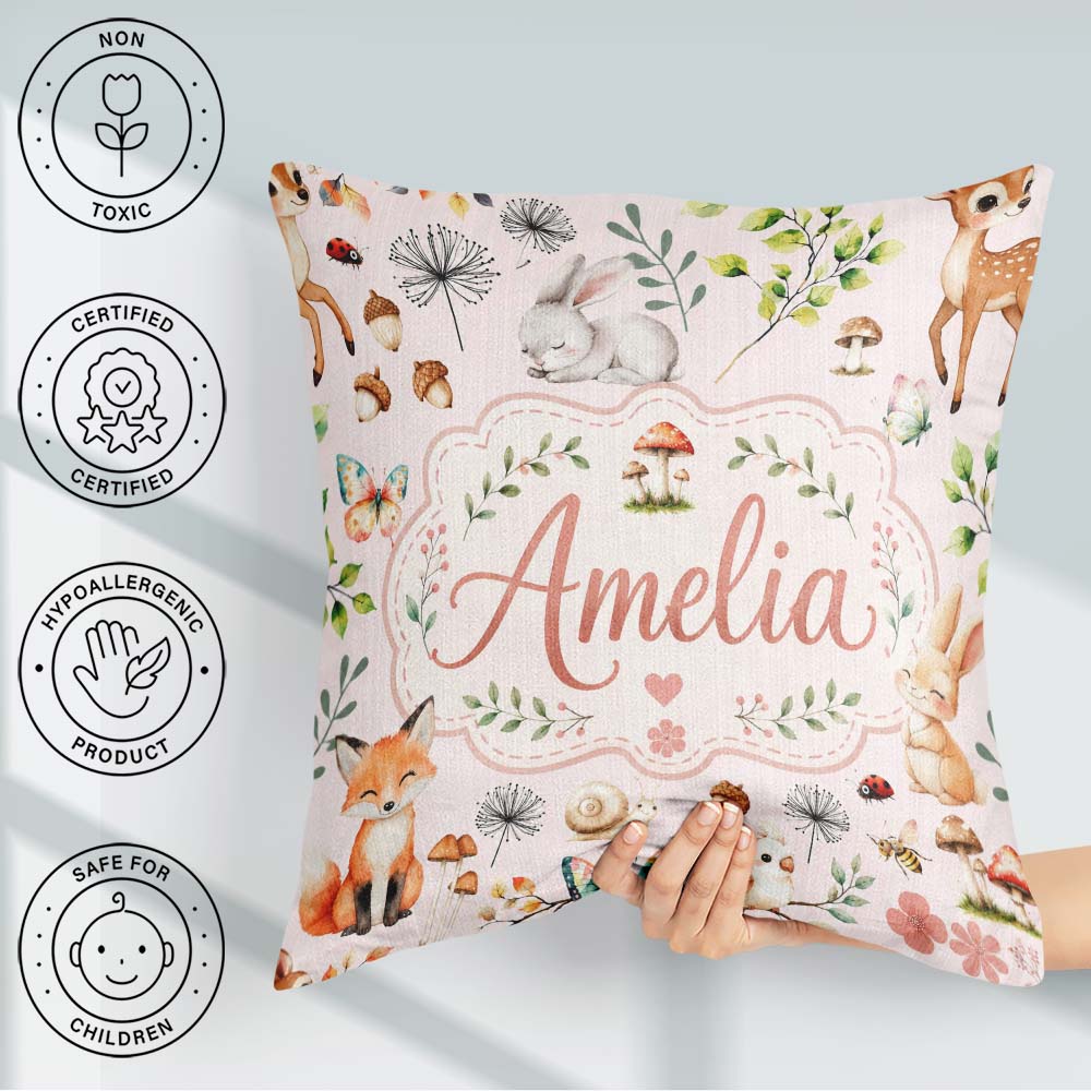 Custom Name Woodland Animals Rabbit Fox Butterfly Leaves on Pink Square Filled Cushion Throw Pillow Sofa Bed Home Decor Zip Washable UK Made