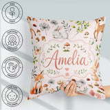 Custom Name Woodland Animals Rabbit Fox Butterfly Leaves on Pink Square Filled Cushion Throw Pillow Sofa Bed Home Decor Zip Washable UK Made