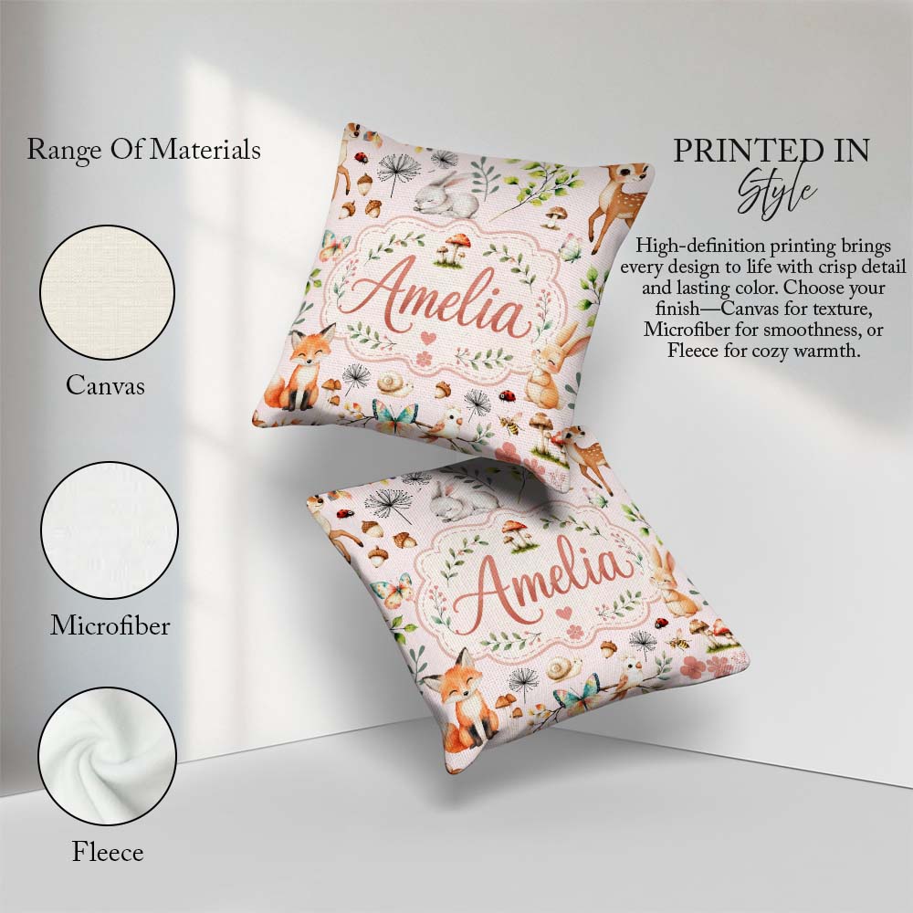 Custom Name Woodland Animals Rabbit Fox Butterfly Leaves on Pink Square Filled Cushion Throw Pillow Sofa Bed Home Decor Zip Washable UK Made