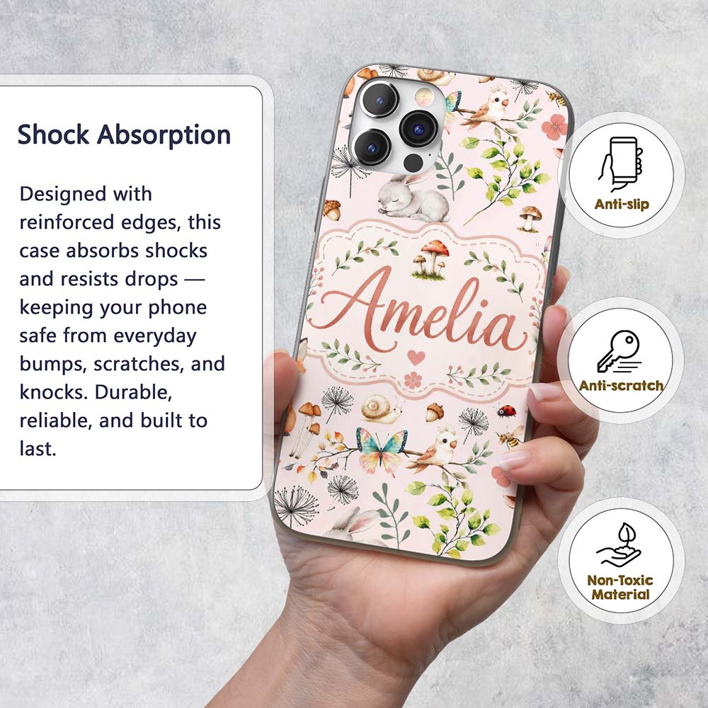 Woodland Animals Rabbit Fox Butterfly Leaves on Custom Name Protective Phone Case Mobile Cover Durable Everyday Smartphone Shock Resistant