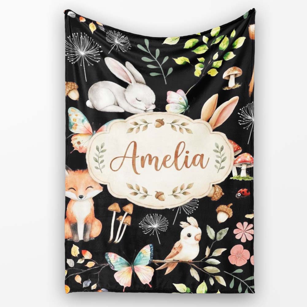 Woodland Animal Rabbit Fox Butterfly Floral Elements on Black  Personalised Custom Name Super Soft Fleece Blanket Bed Sofa Throw