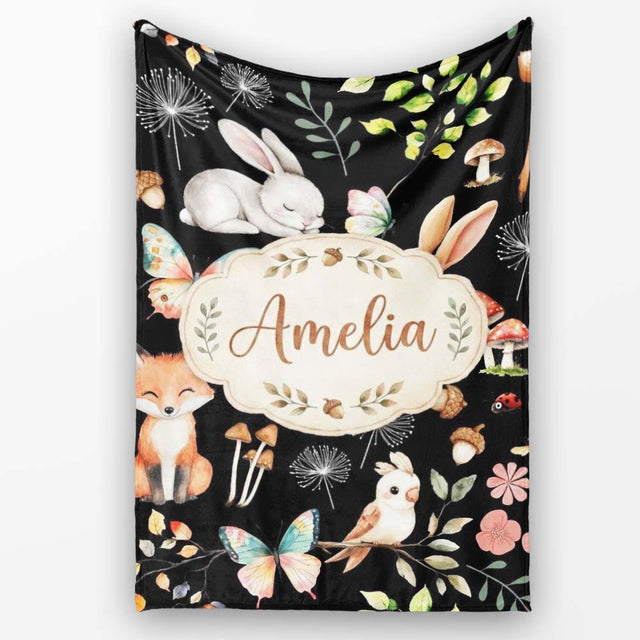 Woodland Animal Rabbit Fox Butterfly Floral Elements on Black  Personalised Custom Name Super Soft Fleece Blanket Bed Sofa Throw