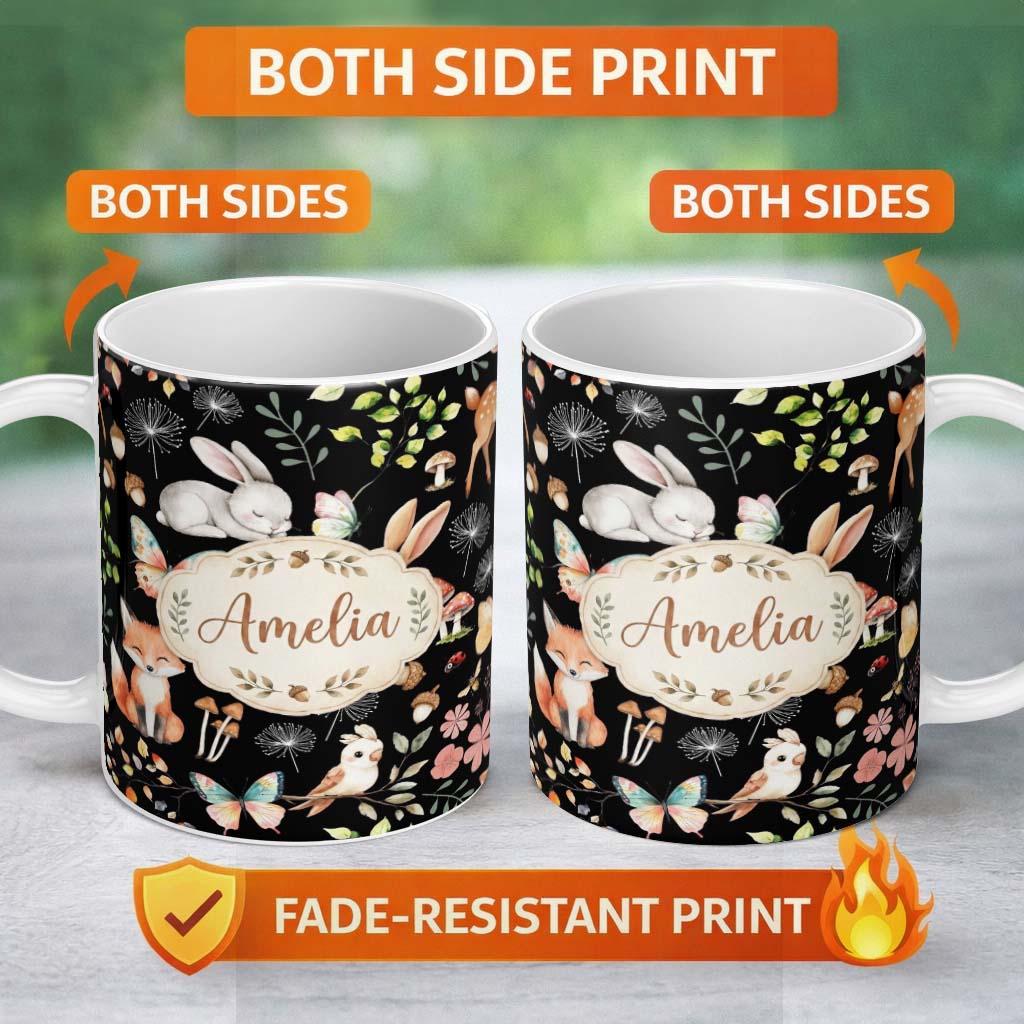 Personalized Custom Name Woodland Animal Rabbit Fox Butterfly Floral Elements on Black 11oz Ceramic Coffee Tea Mug White Large Handle