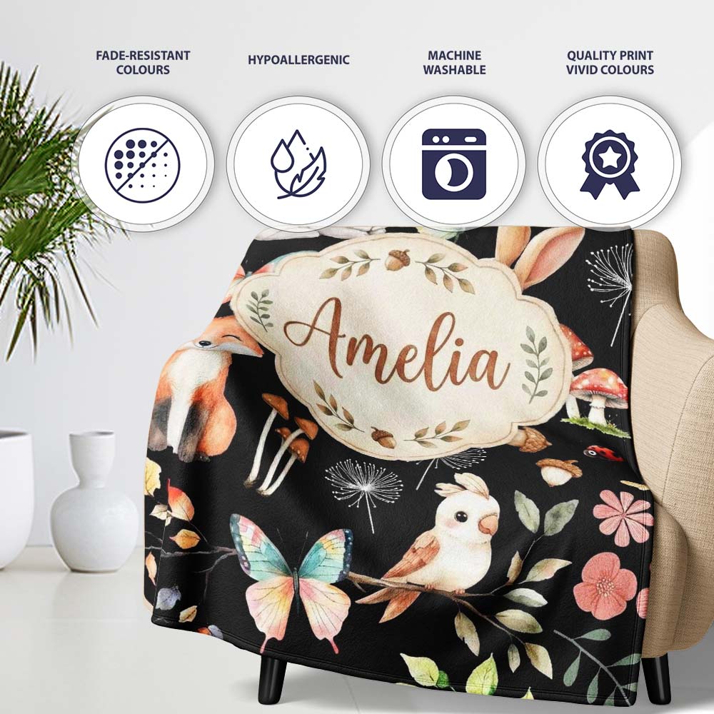 Woodland Animal Rabbit Fox Butterfly Floral Elements on Black  Personalised Custom Name Super Soft Fleece Blanket Bed Sofa Throw