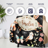 Woodland Animal Rabbit Fox Butterfly Floral Elements on Black  Personalised Custom Name Super Soft Fleece Blanket Bed Sofa Throw