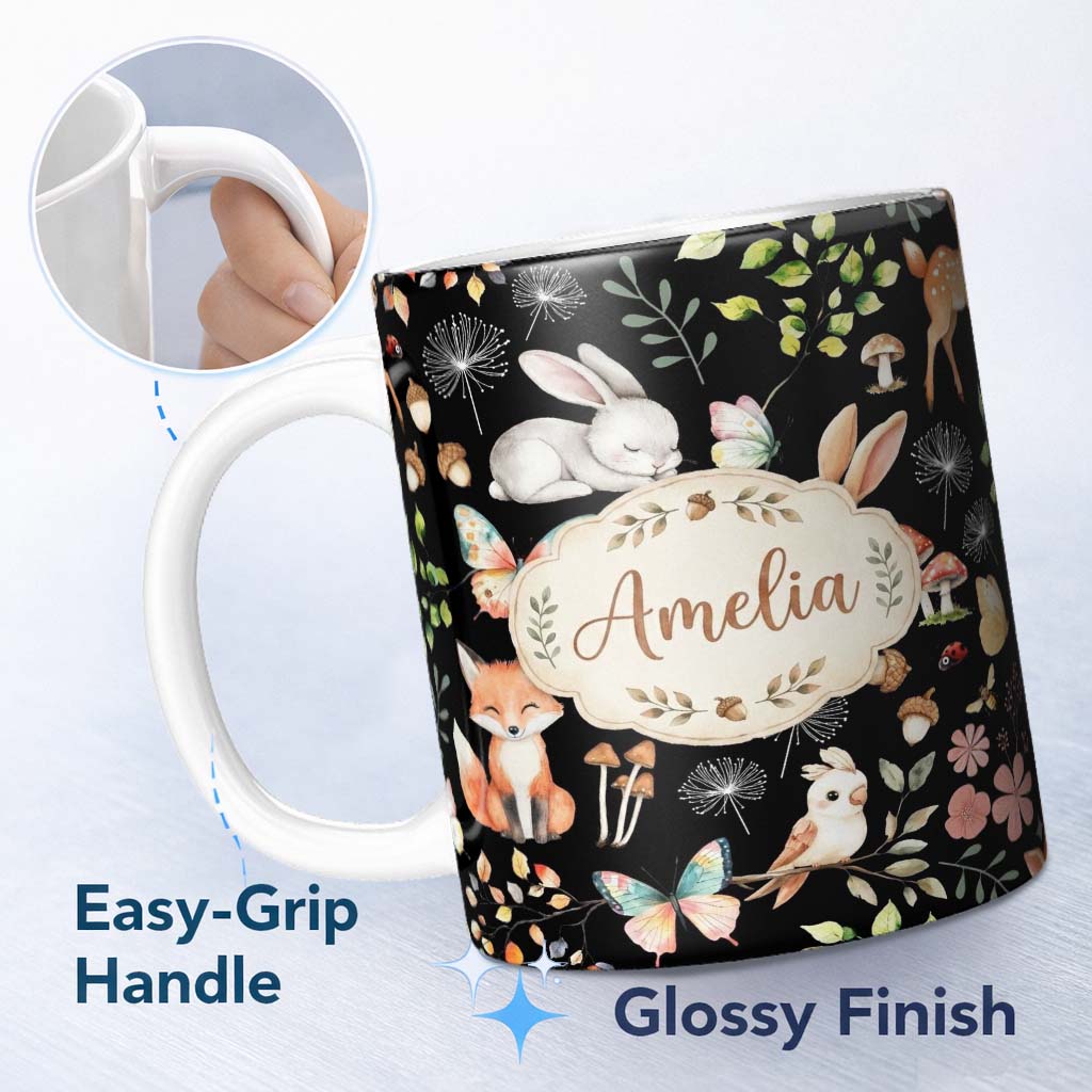 Personalized Custom Name Woodland Animal Rabbit Fox Butterfly Floral Elements on Black 11oz Ceramic Coffee Tea Mug White Large Handle
