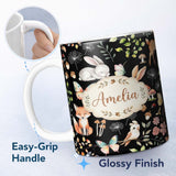 Personalized Custom Name Woodland Animal Rabbit Fox Butterfly Floral Elements on Black 11oz Ceramic Coffee Tea Mug White Large Handle