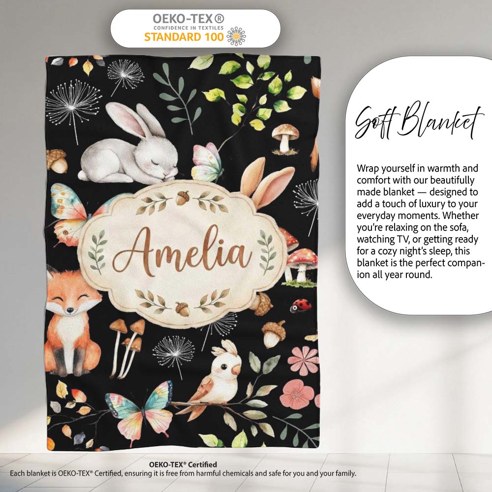Woodland Animal Rabbit Fox Butterfly Floral Elements on Black  Personalised Custom Name Super Soft Fleece Blanket Bed Sofa Throw