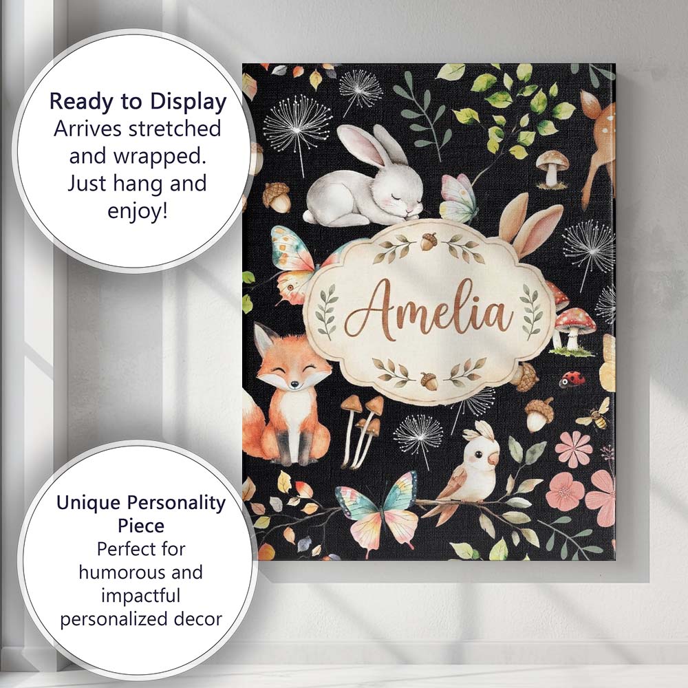 Personalised Name Woodland Animal Rabbit Custom  Unique Gift Idea Elegant Feature Canvas Wall Art Print Decor Picture Ready to Hang