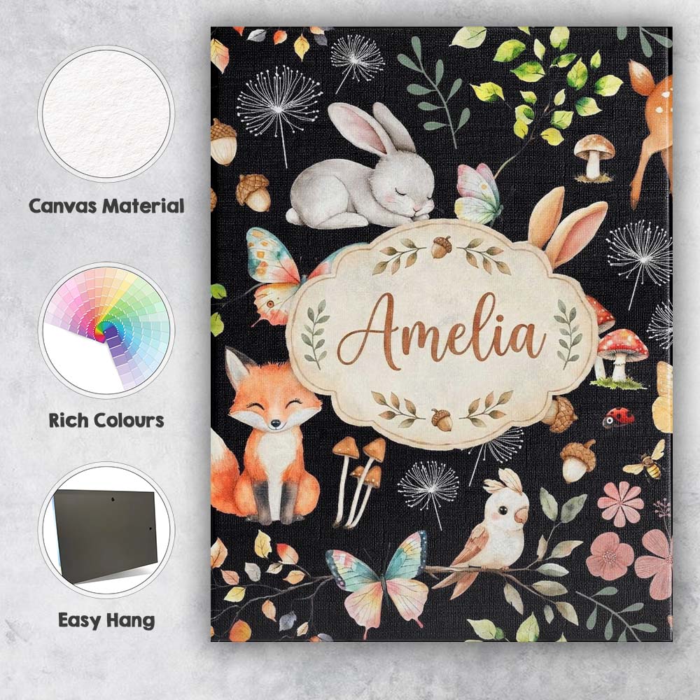 Personalised Name Woodland Animal Rabbit Custom  Unique Gift Idea Elegant Feature Canvas Wall Art Print Decor Picture Ready to Hang