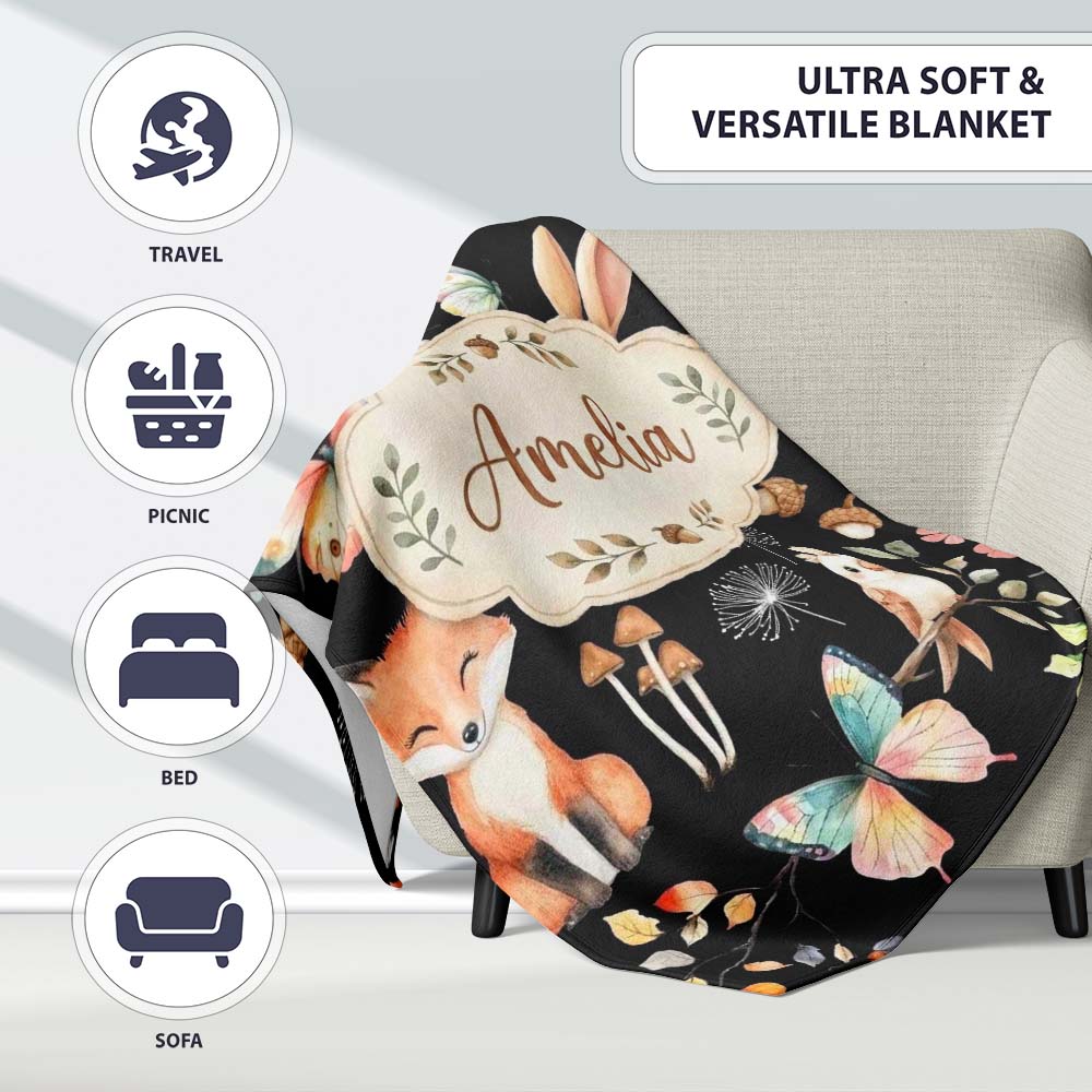 Woodland Animal Rabbit Fox Butterfly Floral Elements on Black  Personalised Custom Name Super Soft Fleece Blanket Bed Sofa Throw