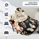 Woodland Animal Rabbit Fox Butterfly Floral Elements on Black  Personalised Custom Name Super Soft Fleece Blanket Bed Sofa Throw
