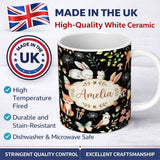 Personalized Custom Name Woodland Animal Rabbit Fox Butterfly Floral Elements on Black 11oz Ceramic Coffee Tea Mug White Large Handle