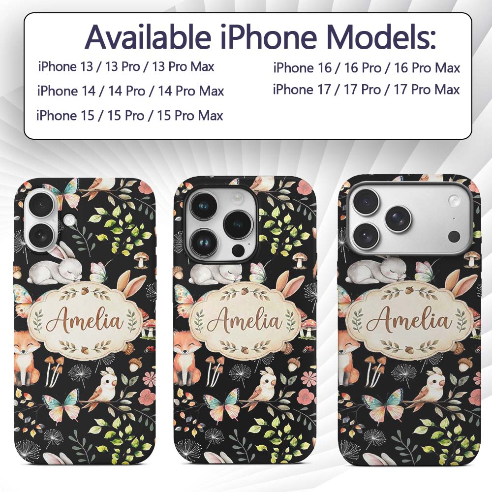 Woodland Animal Rabbit Fox Decorative Design Custom Name Protective Phone Case Mobile Cover Durable Everyday Smartphone Shock Resistant