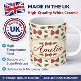 Personalized Custom Name Christmas Pine Branch Bows Rustic Holiday Seamless Pattern Lovely 11oz Ceramic Coffee Tea Mug White Large Handle