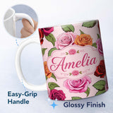 Personalized Custom Name Colorful Roses on Blush Pink Background Seamless Floral Pattern 11oz Ceramic Coffee Tea Mug White Large Handle